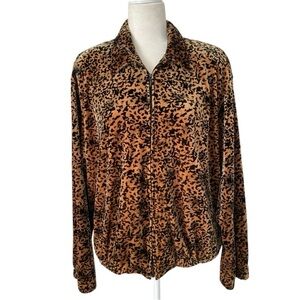 Joan Leslie Vintage Velour Zip Up Cheetah Print Jacket Size XL 1980s Shoulderpad